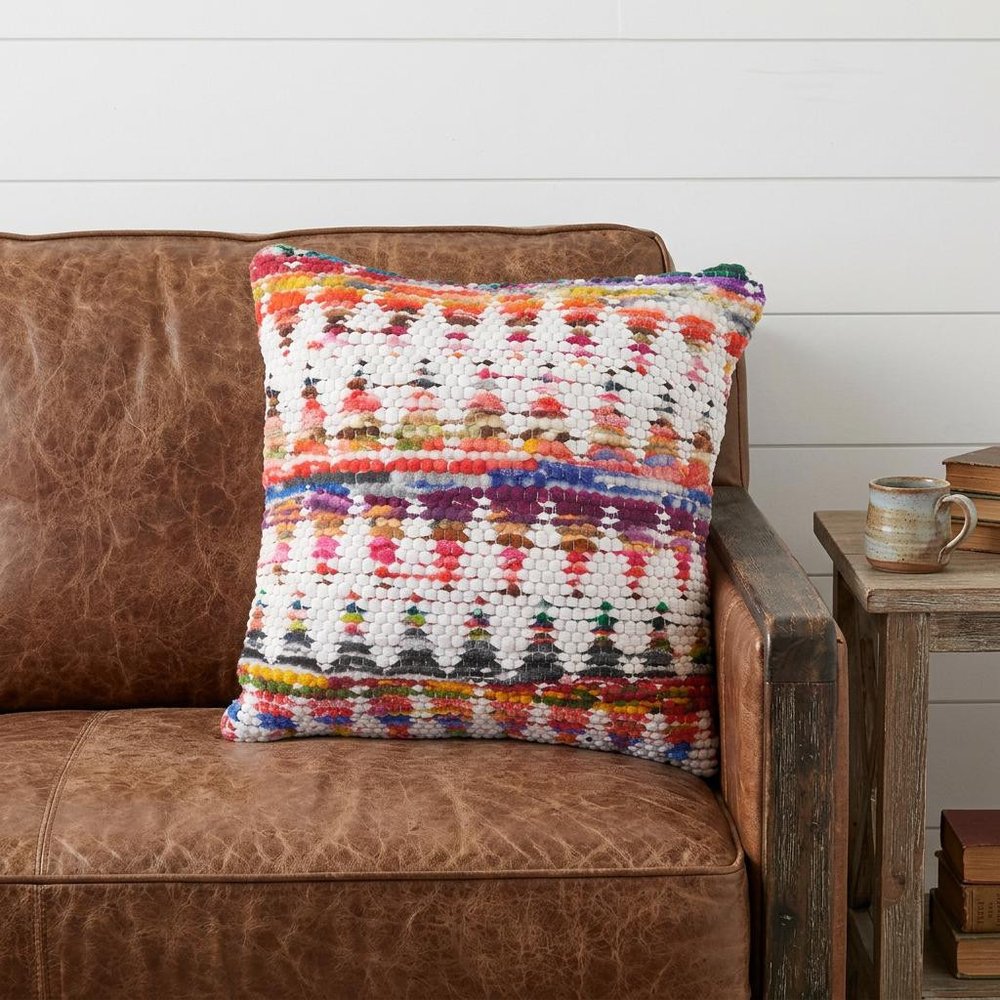 20" X 20" White Red Green Blue Yellow And Orange 100% Cotton Geometric Zippered Pillow
