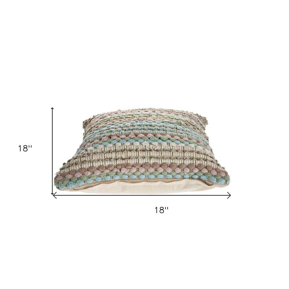 18" Blue And Green Cotton Striped Throw Pillow