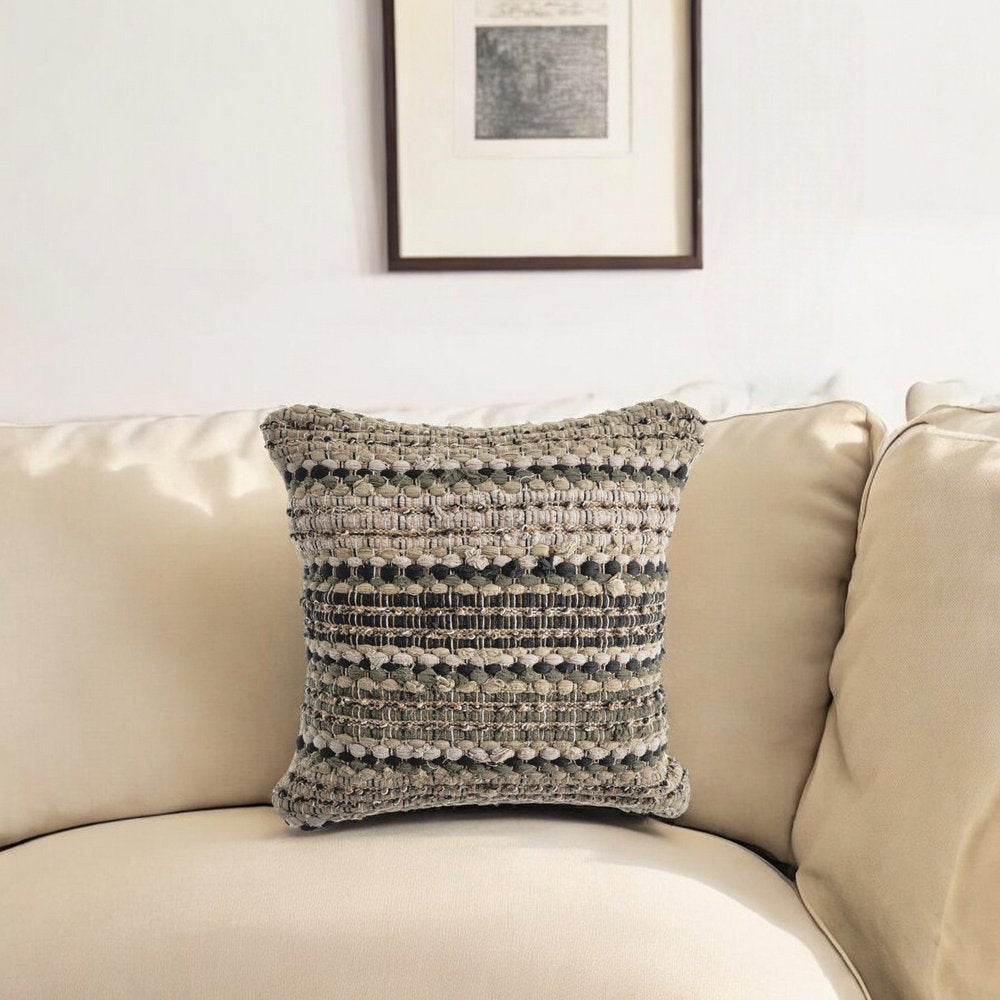 18" Blue And Green Cotton Striped Throw Pillow