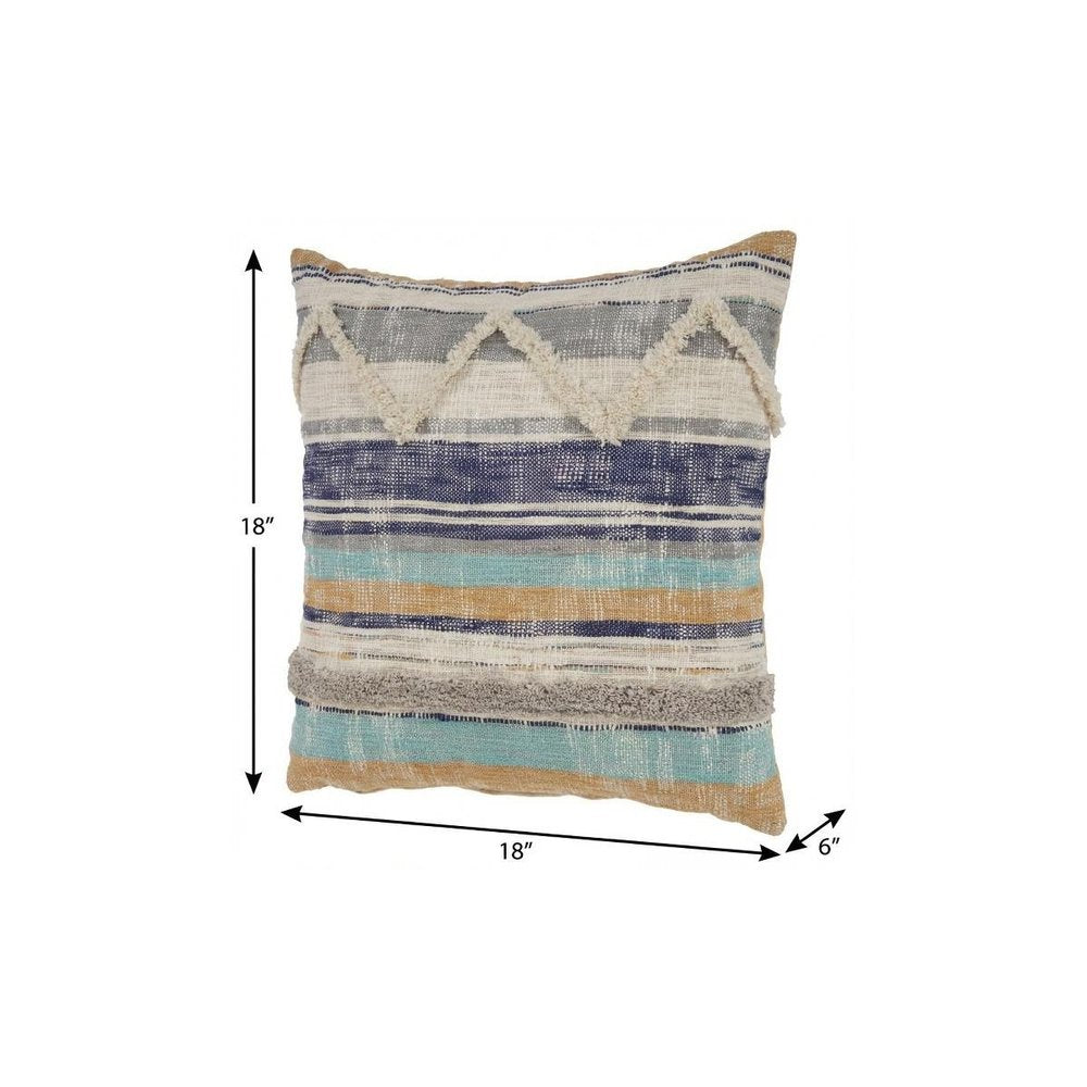 18" Beige Blue and Gray Throw Pillow