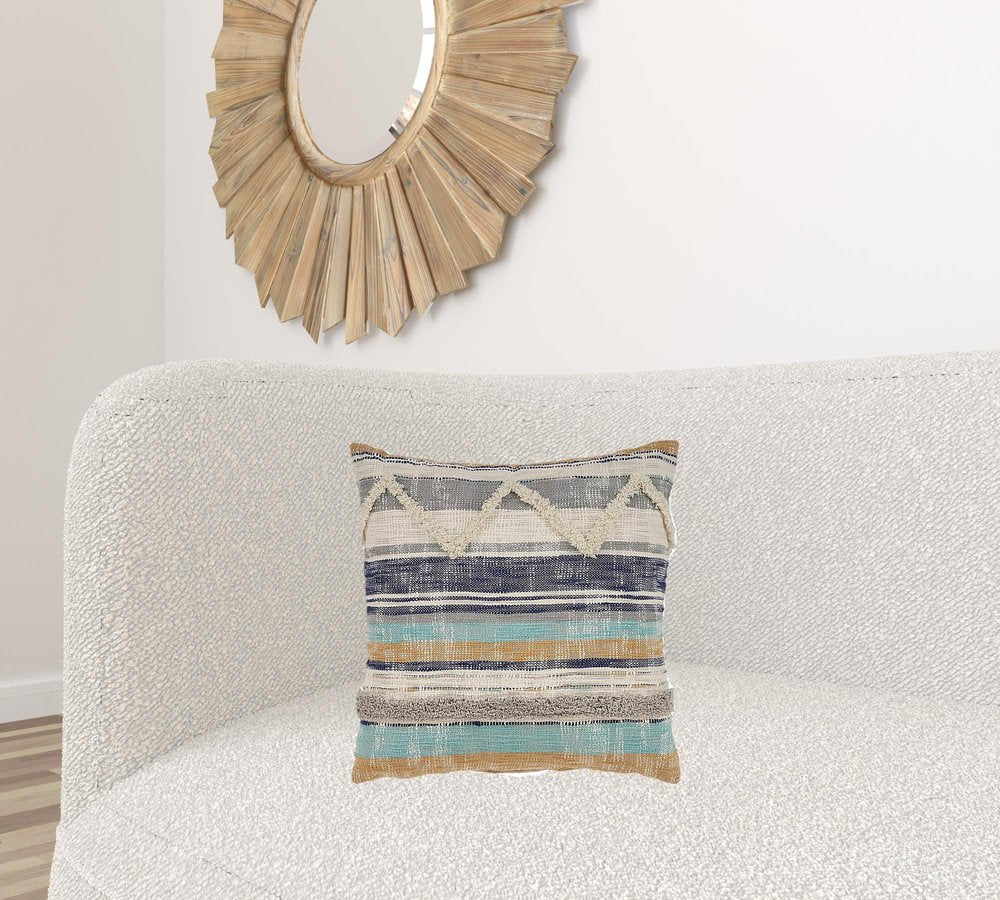18" Beige Blue and Gray Throw Pillow