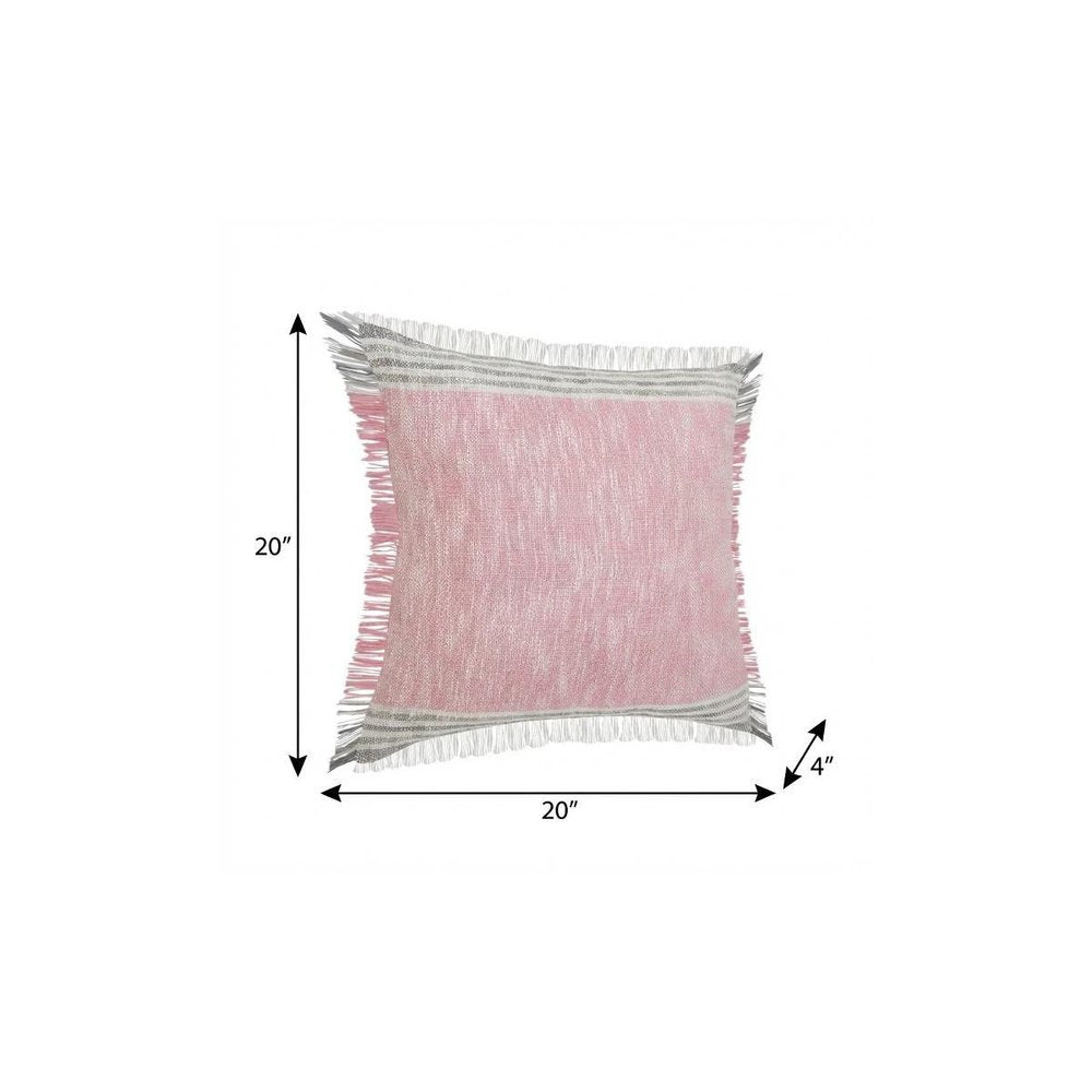 20" X 20" Pink Gray And White 100% Cotton Striped Zippered Pillow
