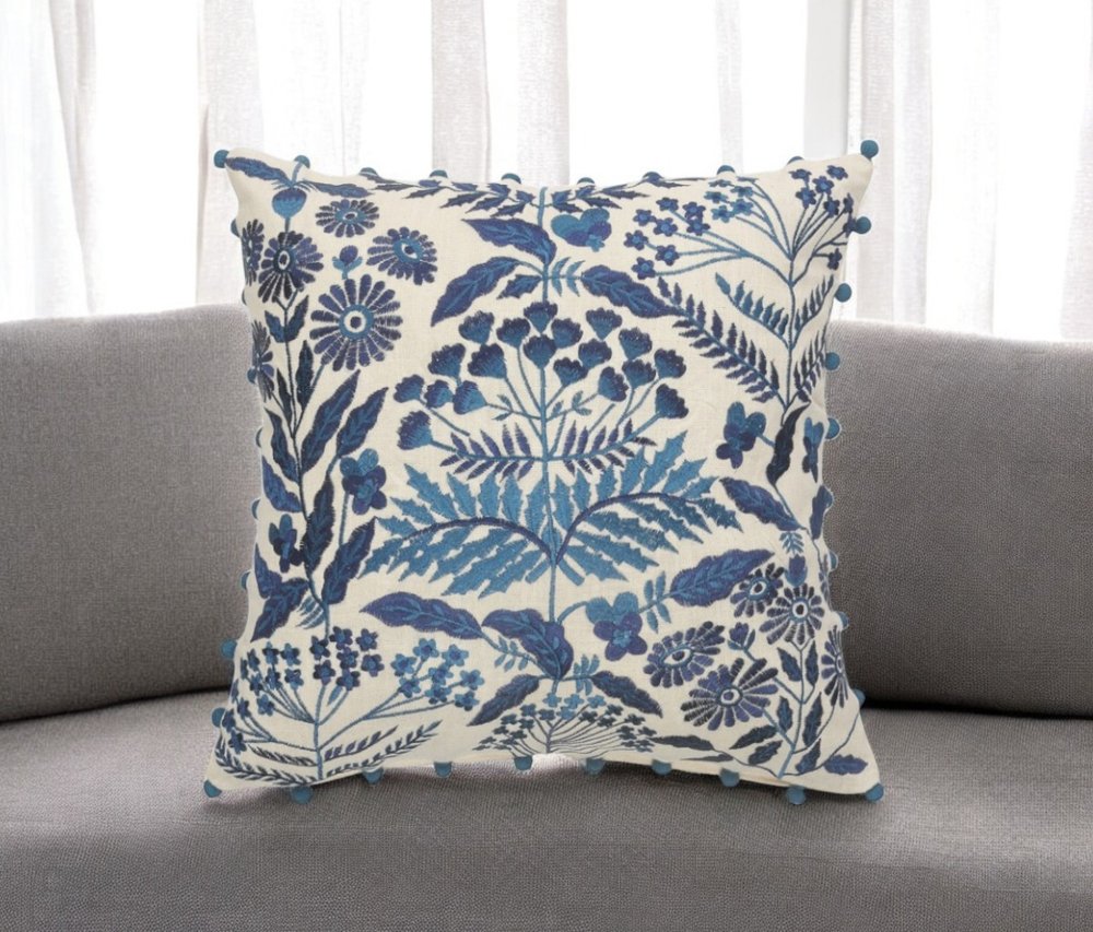 20" Navy Blue And Off White Cotton Floral Throw Pillow