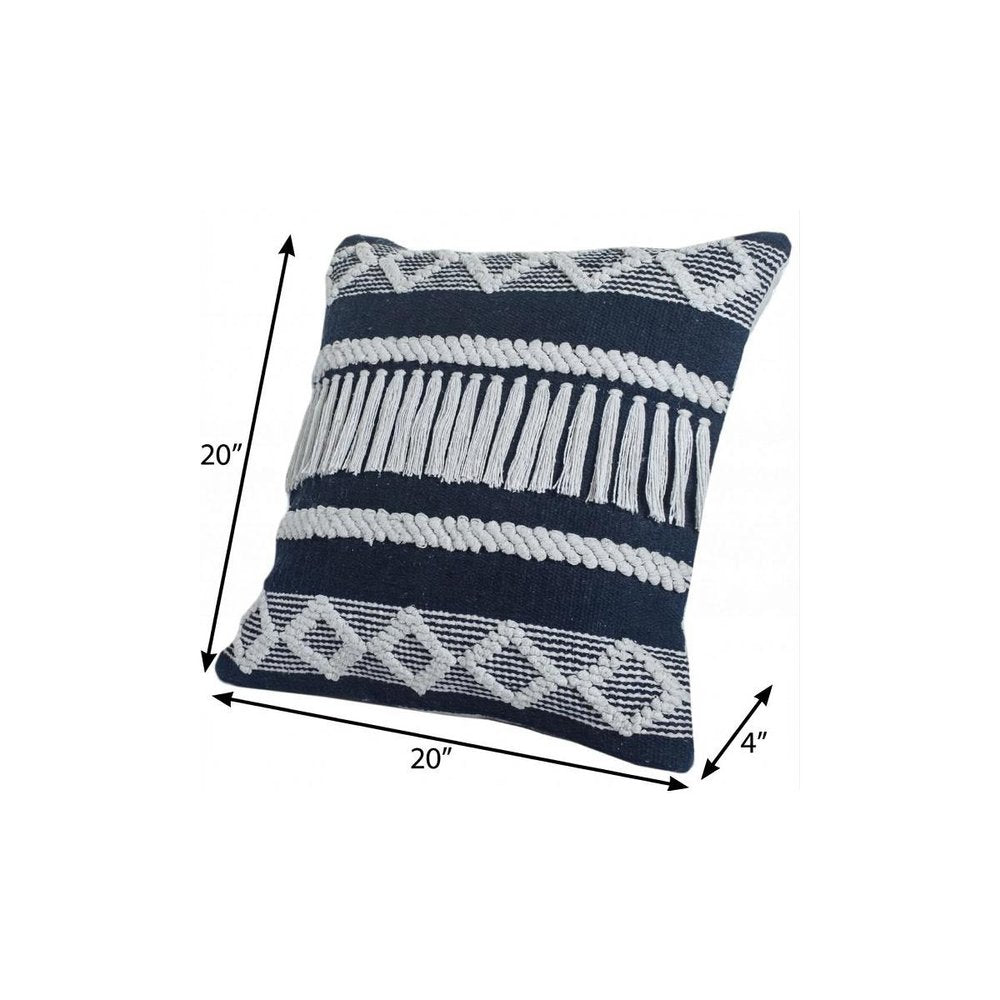 20" X 20" Blue And Ivory 100% Cotton Geometric Zippered Pillow