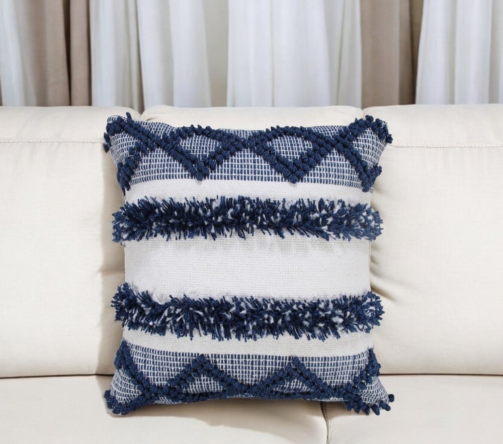 20" Navy Blue And White Fabric Coastal Throw Pillow