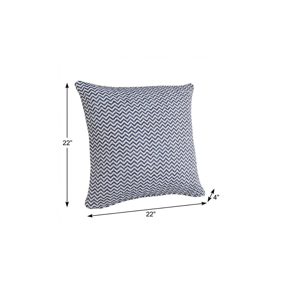22" X 22" Navy Blue And White 100% Cotton Chevron Zippered Pillow