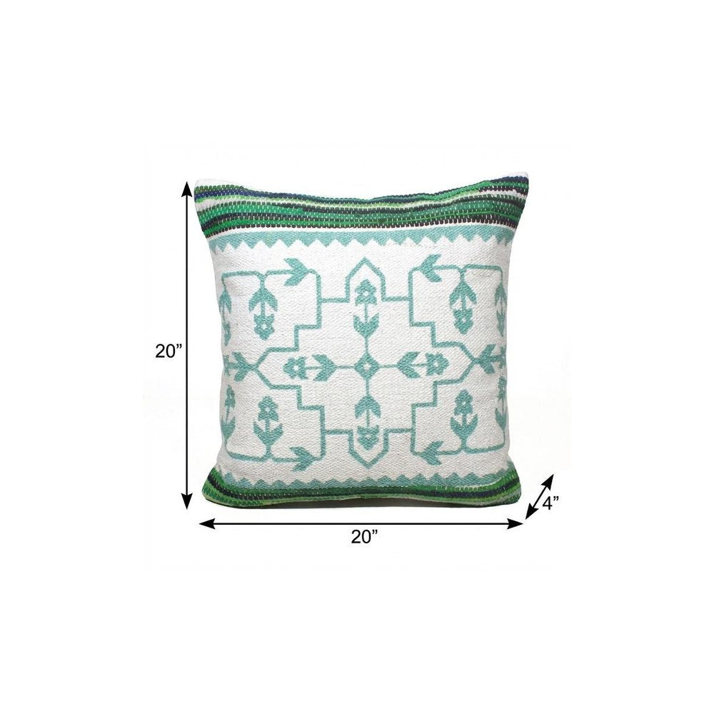 20" X 20" Green White And Blue 100% Cotton Geometric Zippered Pillow