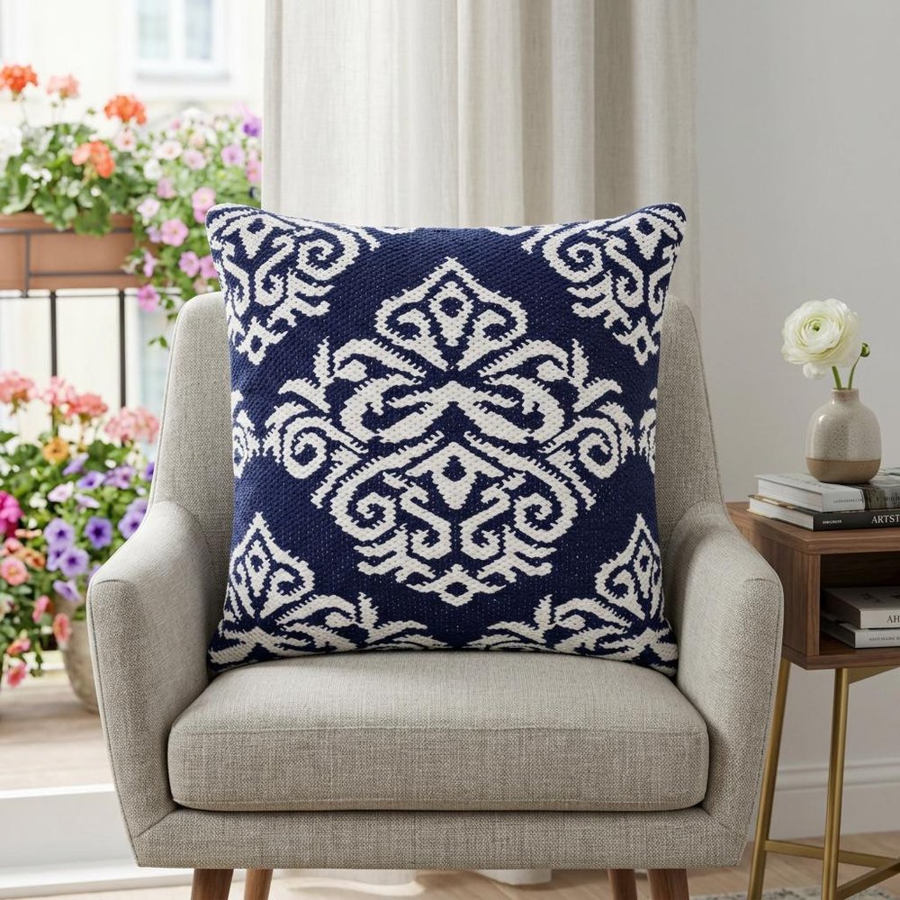 20" X 20" White And Black 100% Cotton Damask Zippered Pillow