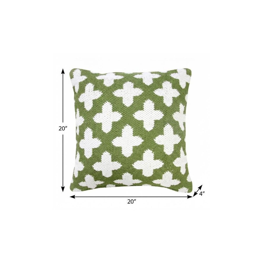20" X 20" Green And White 100% Cotton Geometric Zippered Pillow