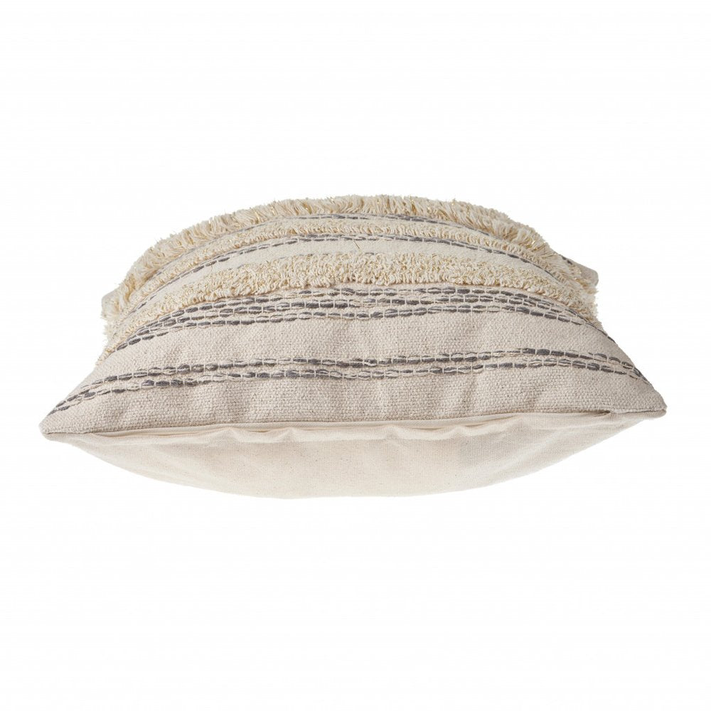 20" Cream Gray And Tan Cotton Striped Throw Pillow