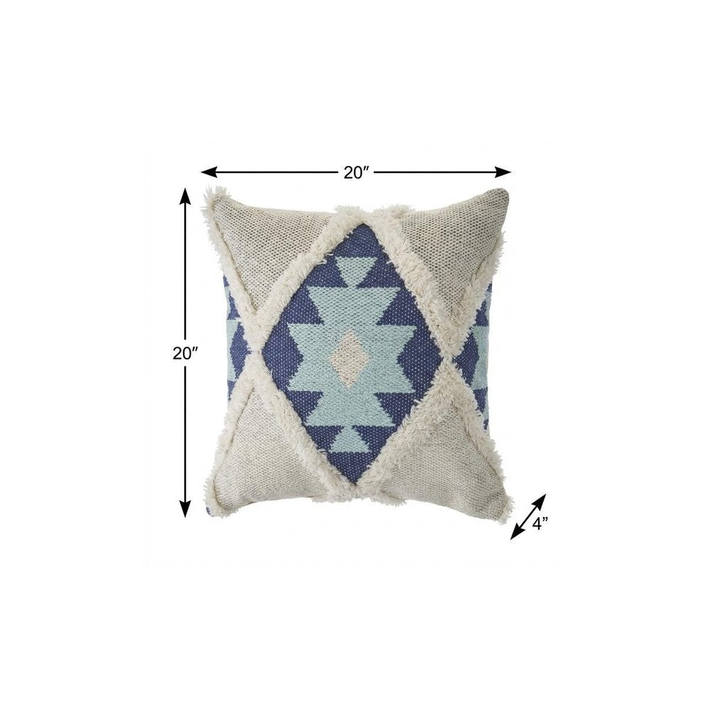 20" X 20" Blue And Cream 100% Cotton Geometric Zippered Pillow