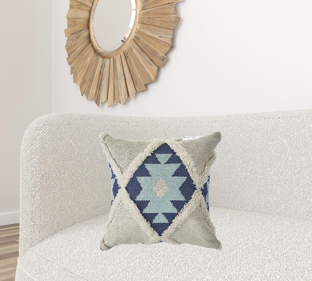 20" X 20" Blue And Cream 100% Cotton Geometric Zippered Pillow