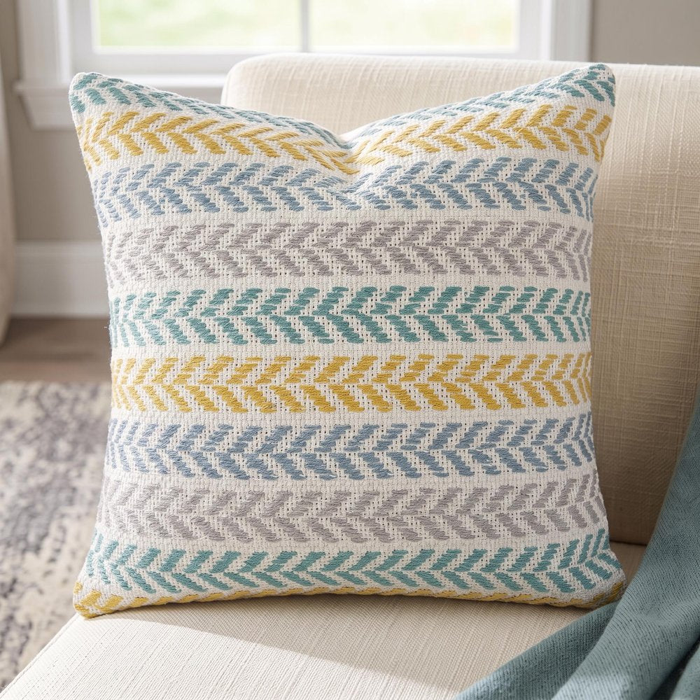 18" Yellow And Teal Striped Cotton Throw Pillow