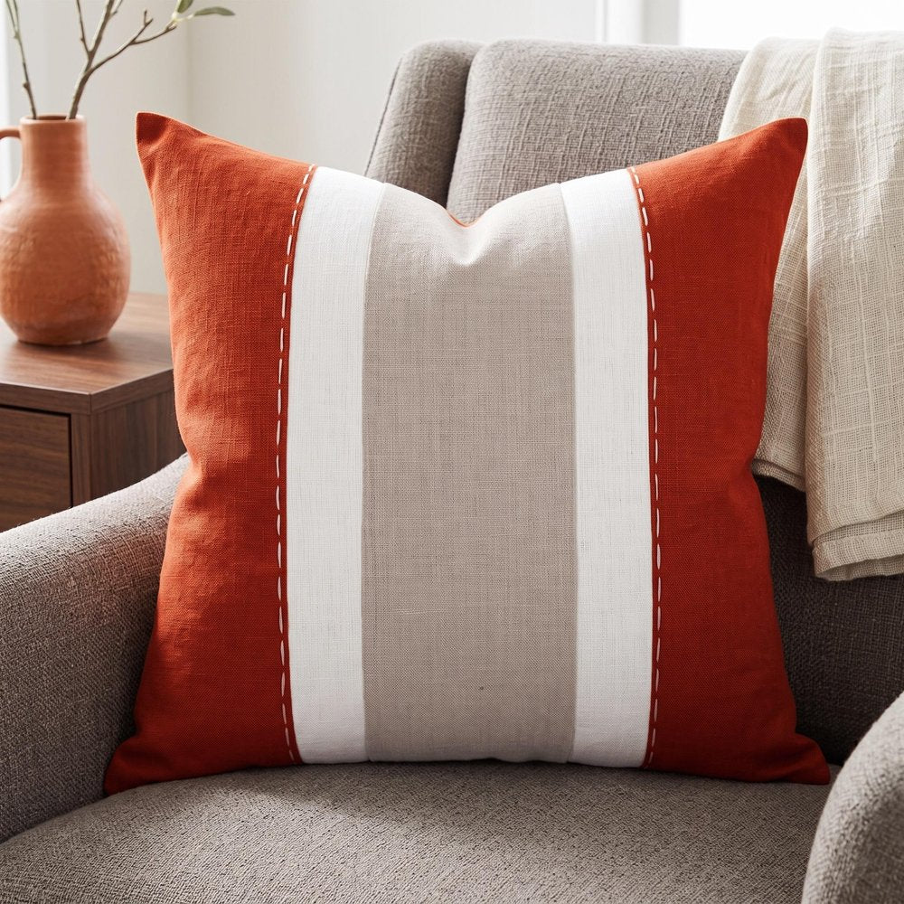 20" X 20" Rust And Gray Linen Striped Zippered Pillow