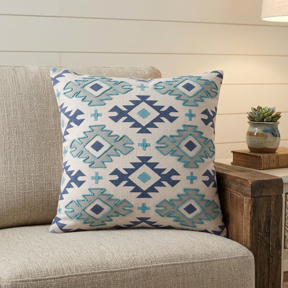 20" X 20" Navy And Light Gray 100% Cotton Geometric Zippered Pillow