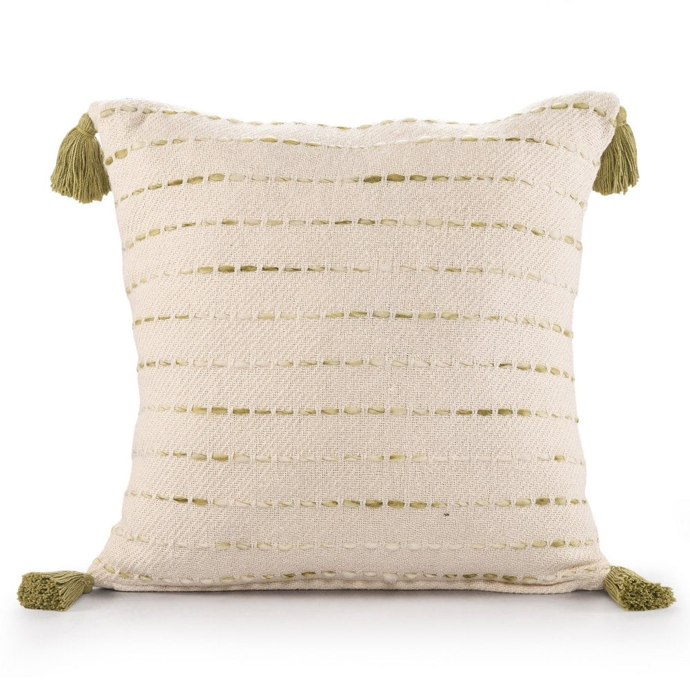 20" Olive Green And Ivory Cotton Striped Throw Pillow with Tassels