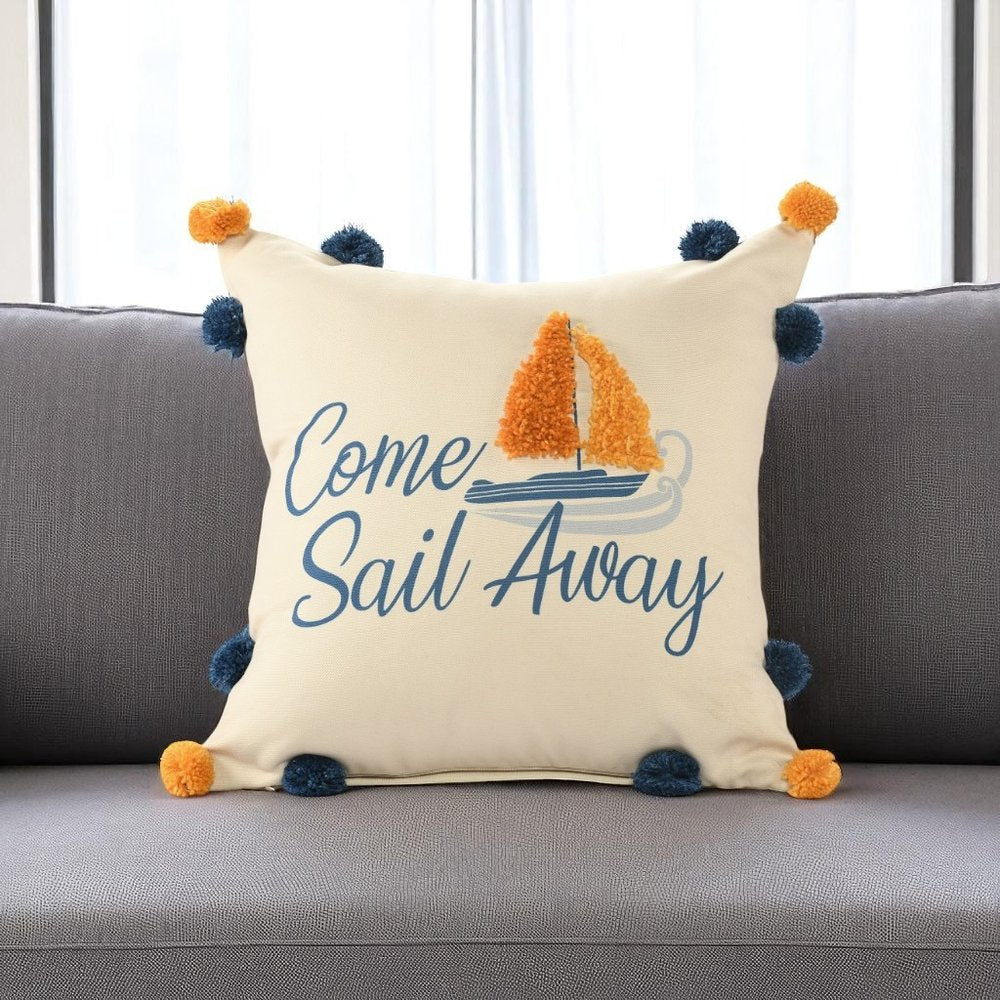 20" Natural Blue And Orange Come Sail Away Throw Pillow With Pompoms And Texture