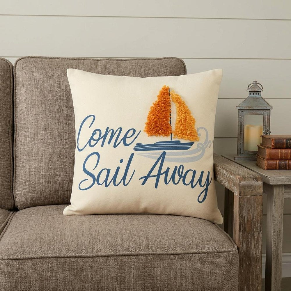 20" Natural Blue And Orange Come Sail Away Throw Pillow With Pompoms And Texture