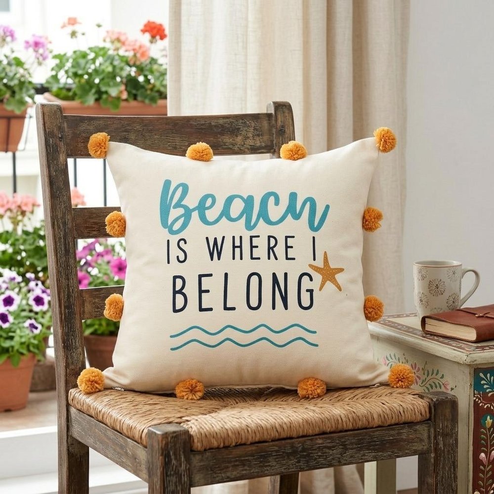 20" Natural Aqua And Orange The Beach Is Where I Belong Throw Pillow with Pompoms