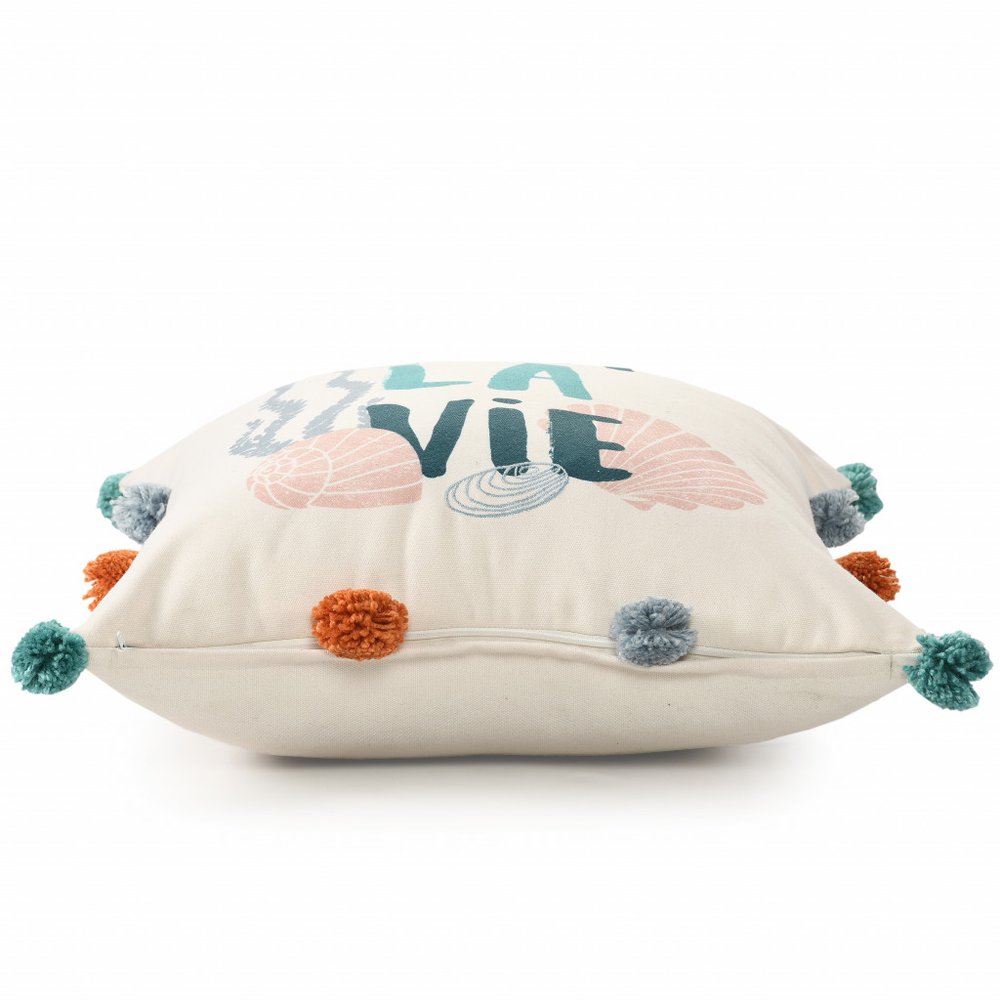 20" Natural Aqua And Gray Sea La Vie Seashells Throw Pillow with Pompoms
