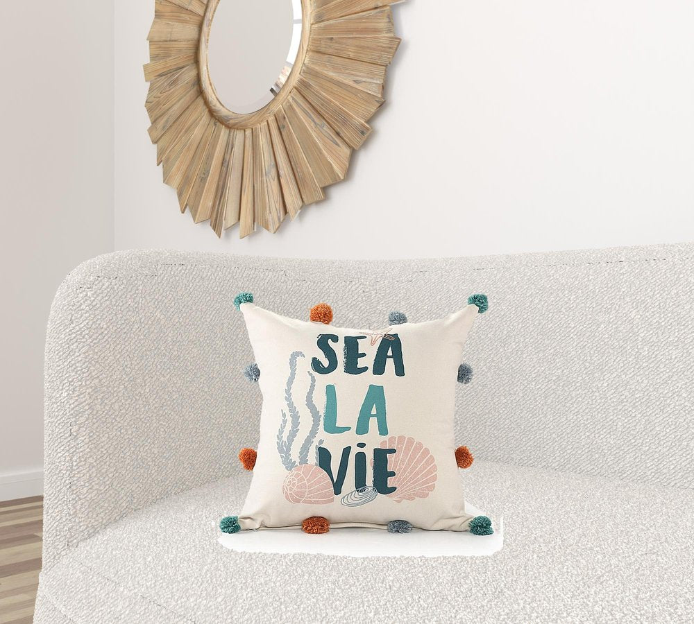 20" Natural Aqua And Gray Sea La Vie Seashells Throw Pillow with Pompoms