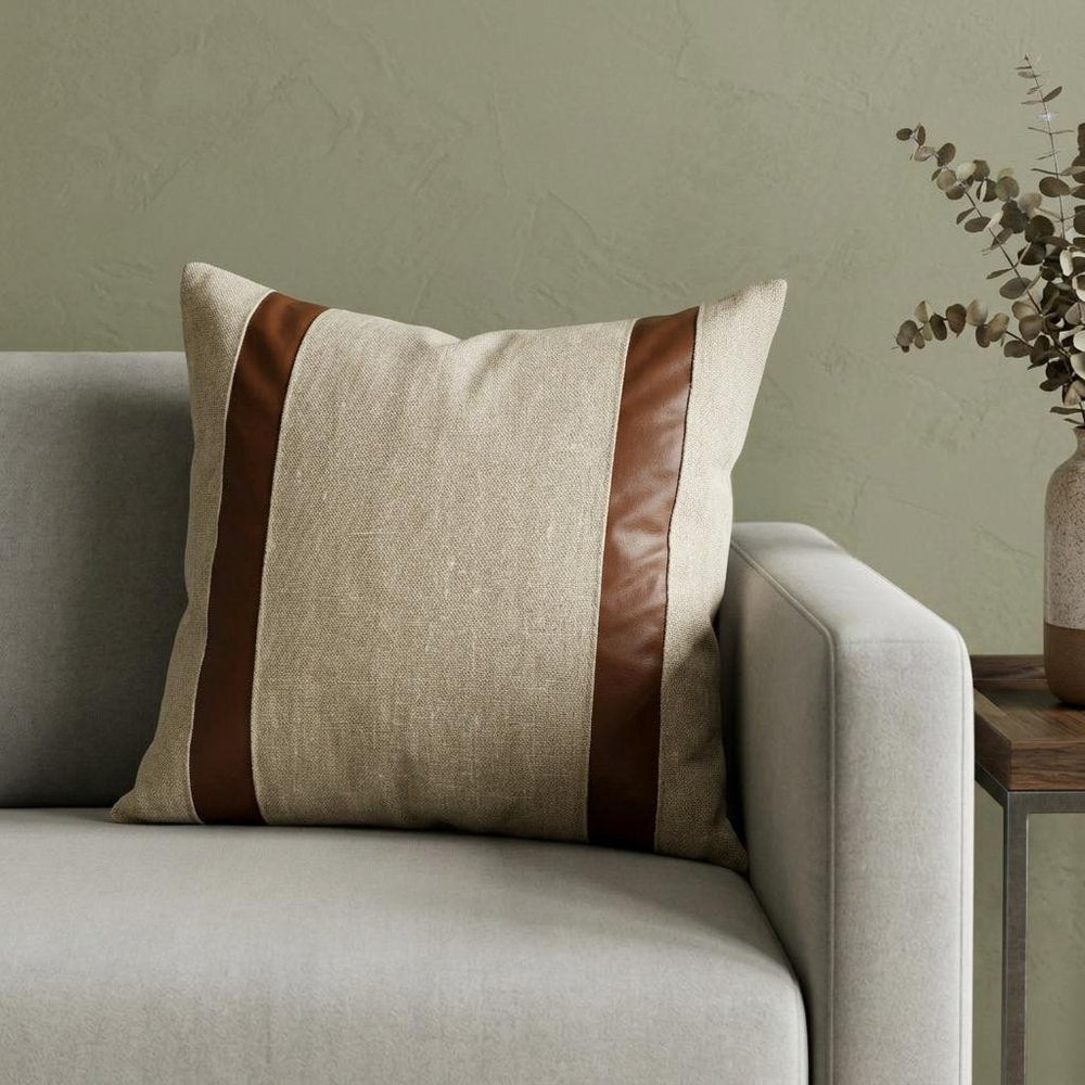 20" X 20" Beige And Brown Linen Striped Zippered Pillow