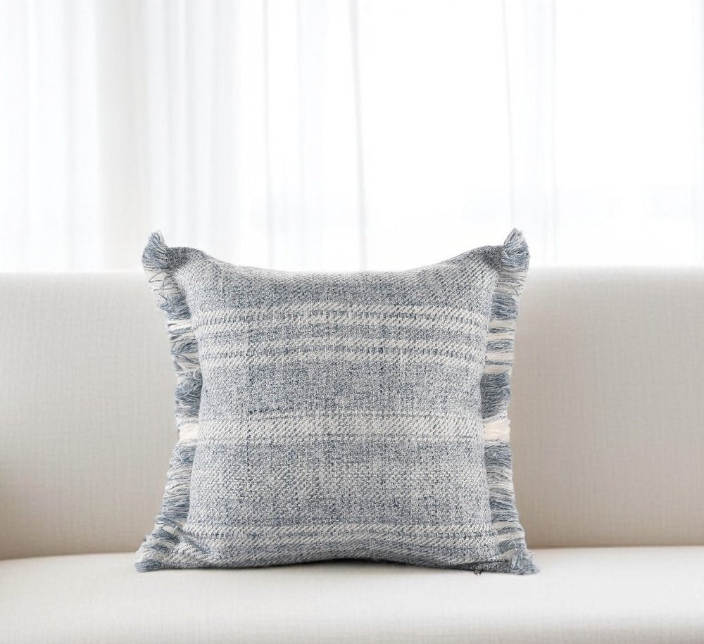 20" Denim Blue And Ivory Fabric Striped Throw Pillow