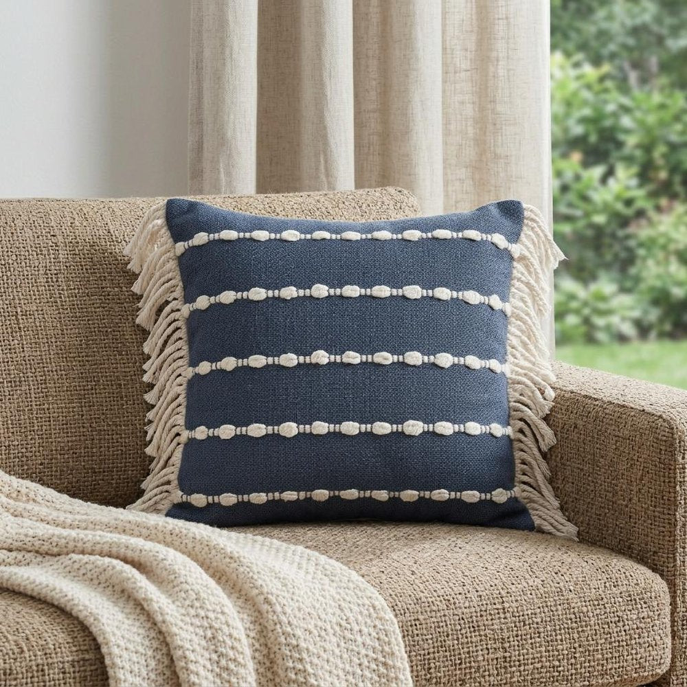 20" Navy Blue And Ivory Cotton Striped Throw Pillow with Fringe