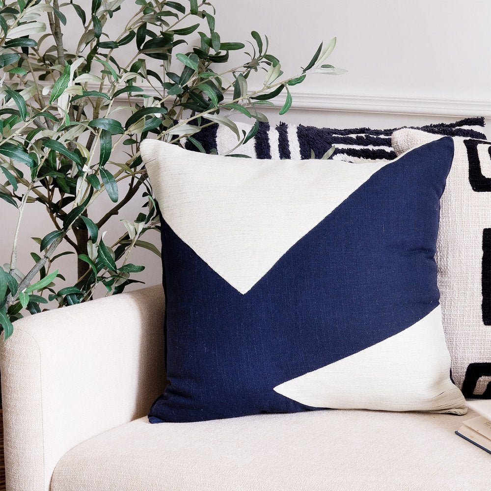 20" Navy Blue And Ivory Cotton Abstract Throw Pillow