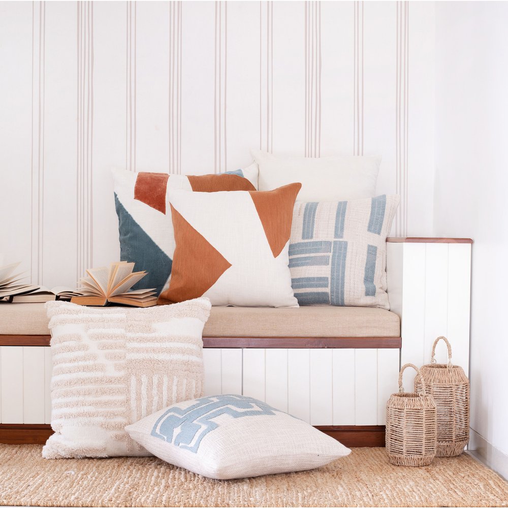 20" Navy Blue And Ivory Cotton Abstract Throw Pillow