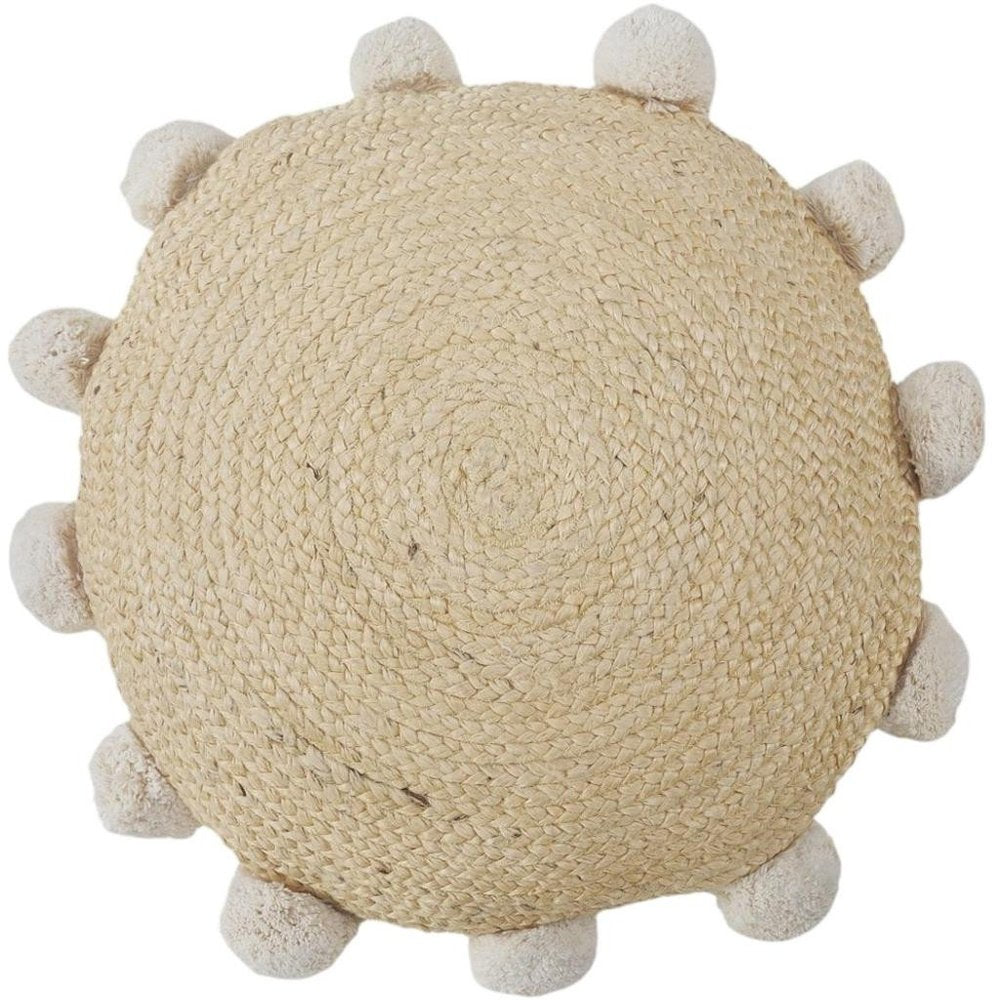 20" X 20" Brown Cotton And Jute Round Throw Pillow with Pompoms