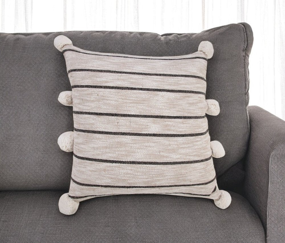20" Beige And Black Jute Striped Throw Pillow with Pompoms
