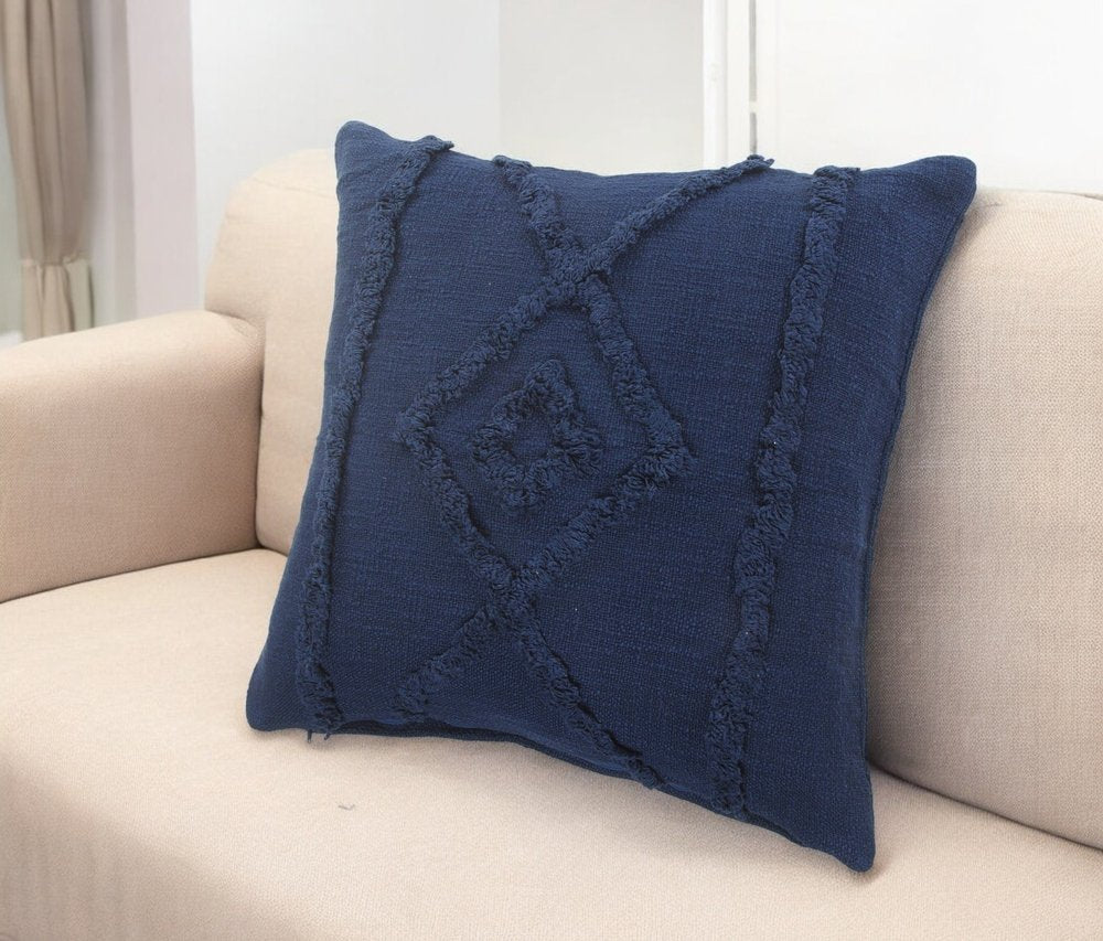20" Navy Blue And Dark Blue Cotton Geometric Throw Pillow