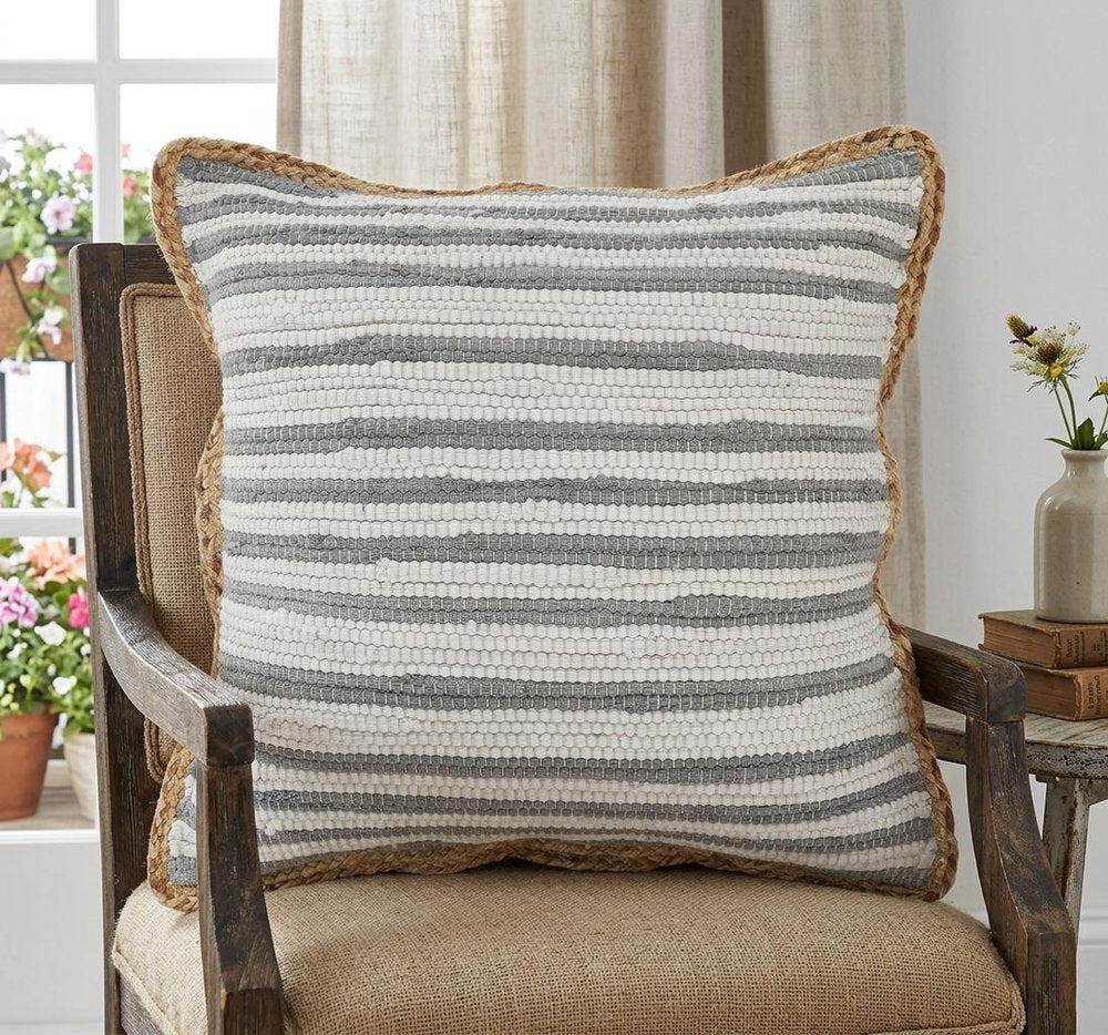 18" X 18" White Gray And Tan 100% Cotton Striped Zippered Pillow