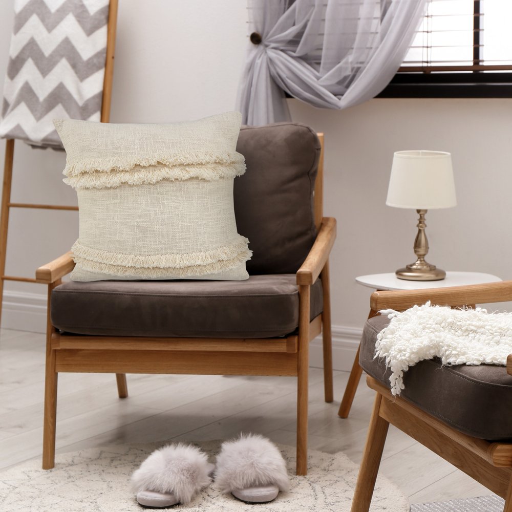 20" Cream Cotton Throw Pillow with Fringe