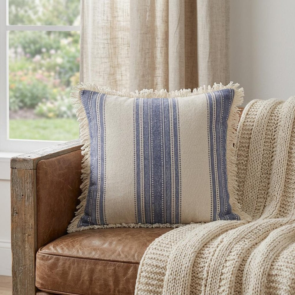 18" Navy Blue And Ivory Cotton Coastal Throw Pillow with Fringe