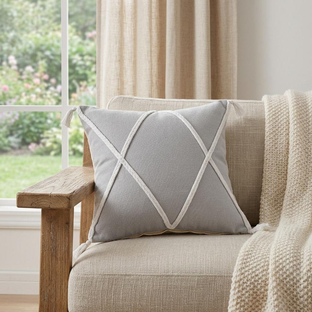 20" X 20" Light Gray And White 100% Cotton Coastal Zippered Pillow