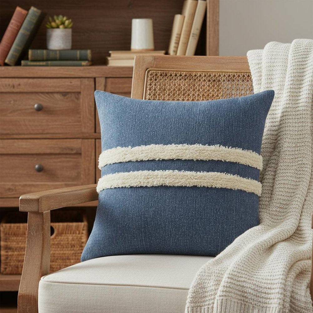 20" X 20" Dusty Blue And White 100% Cotton Striped Zippered Pillow