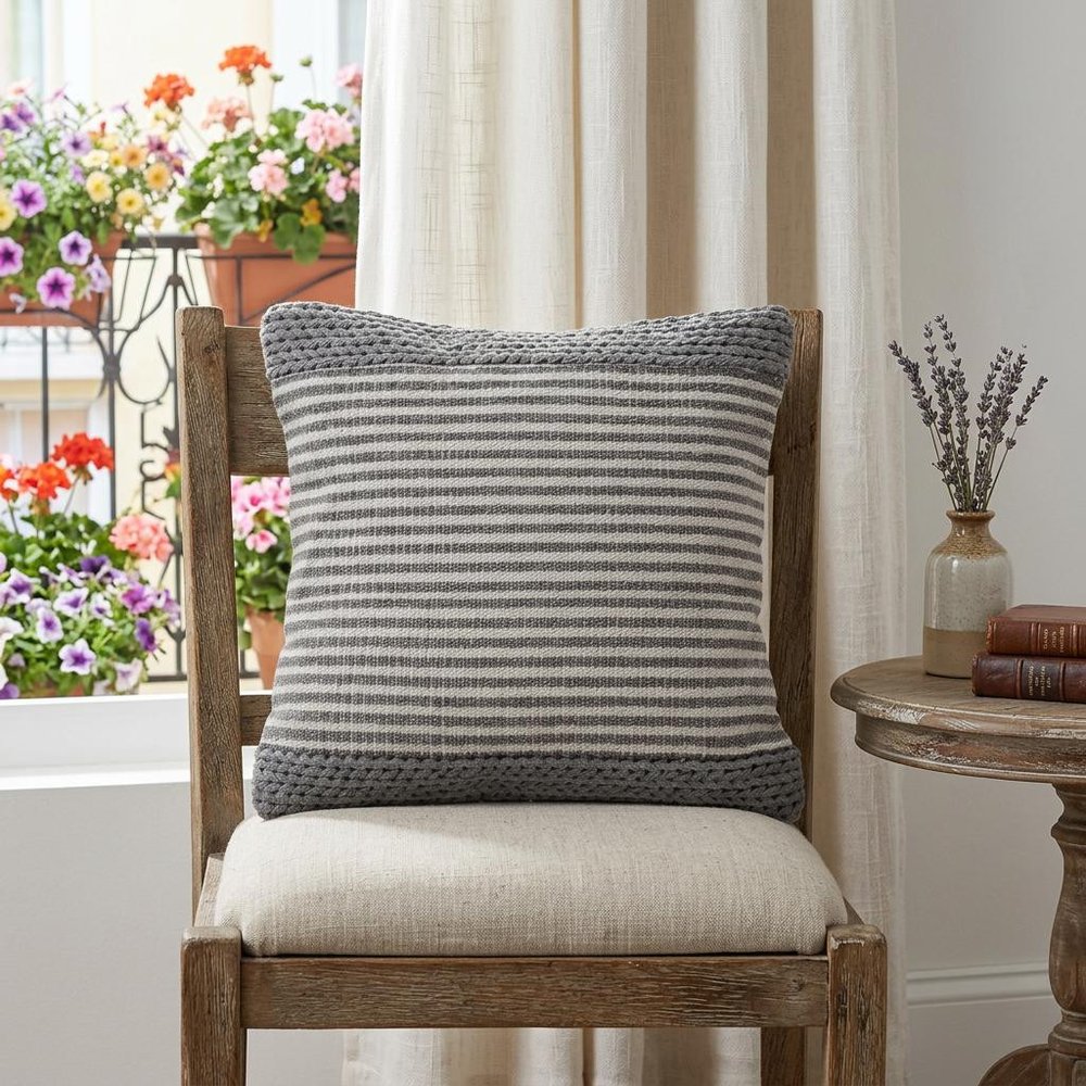 20" X 20" Gray And Ivory 100% Cotton Striped Zippered Pillow