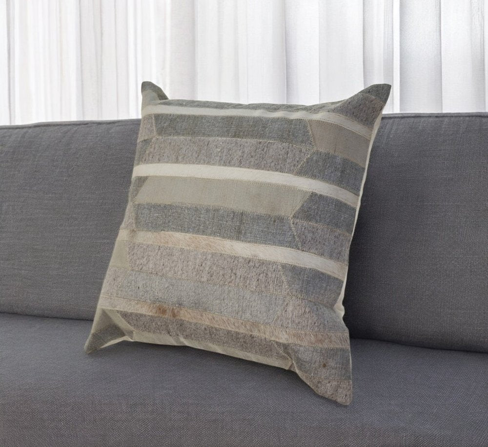 20" Beige Gray and Ivory Striped Wool and Faux Hide Throw Pillow