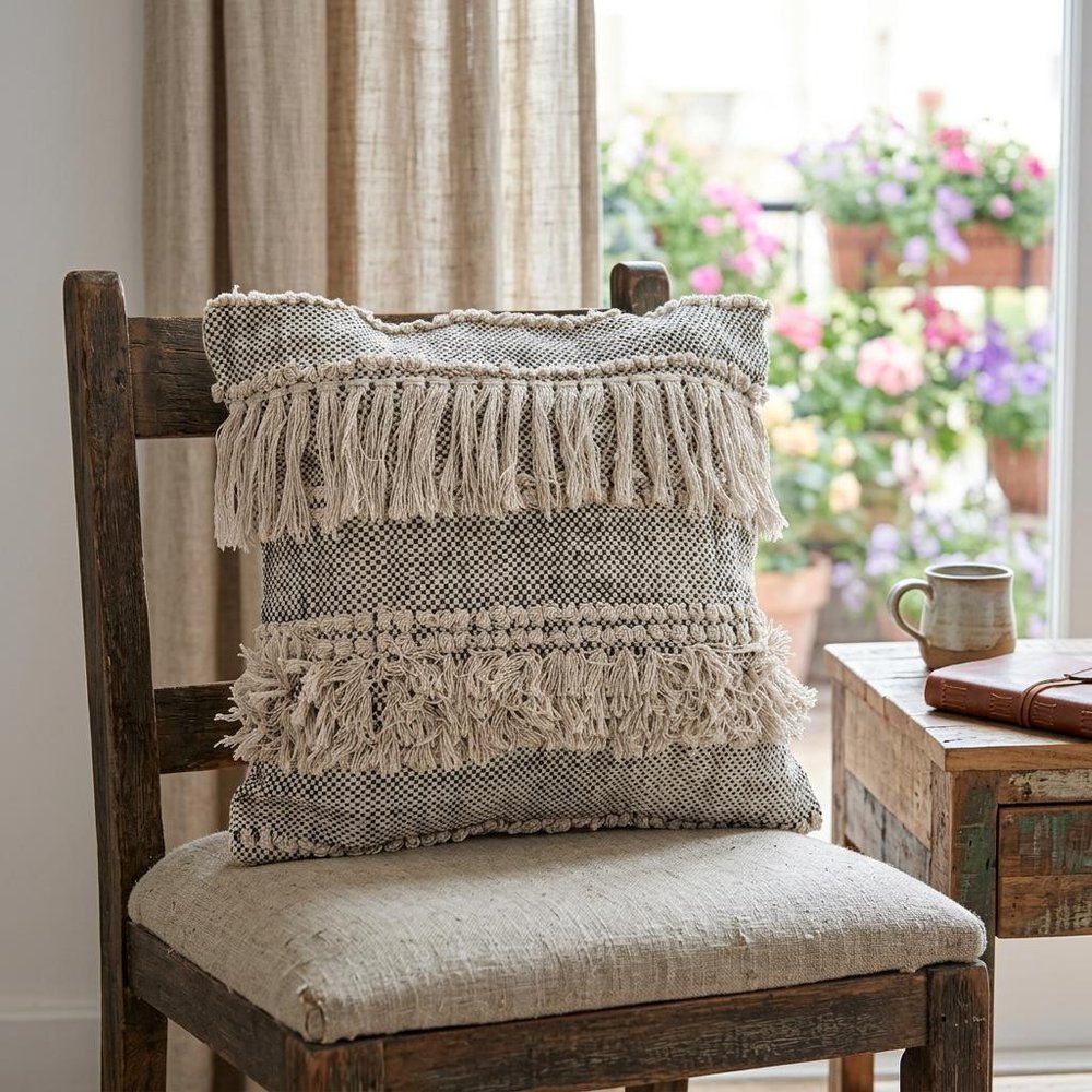 20" Off-White and Black Cotton Throw Pillow