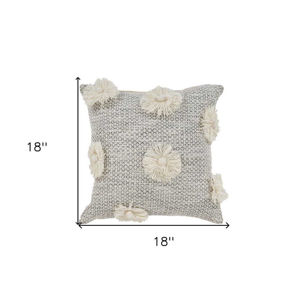 18" Gray and Ivory Throw Pillow with Tassels