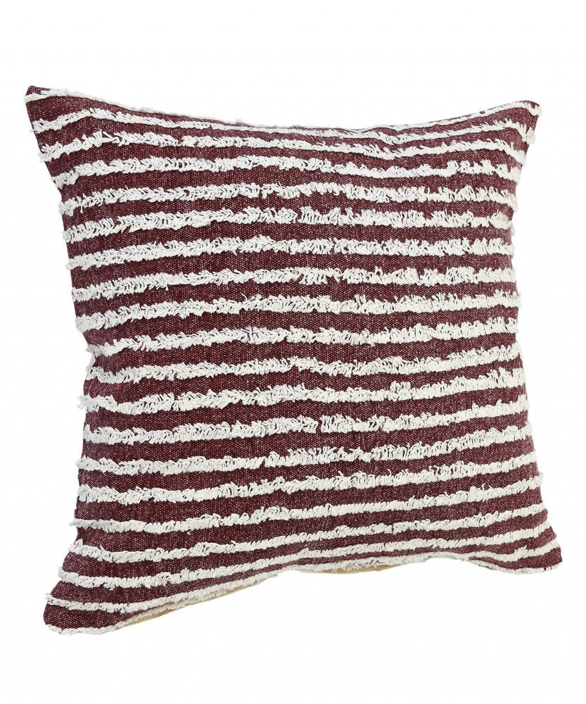 20" Merlot And Off White Cotton Striped Throw Pillow