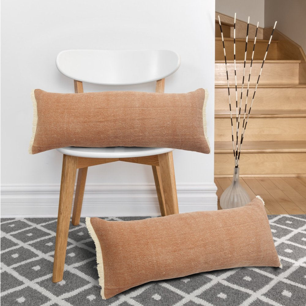 14" X 36" Gray Cotton Throw Pillow with Fringe