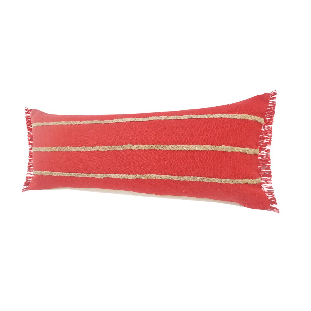 14" X 36" Navy Blue And Tan Cotton Striped Throw Pillow with Fringe