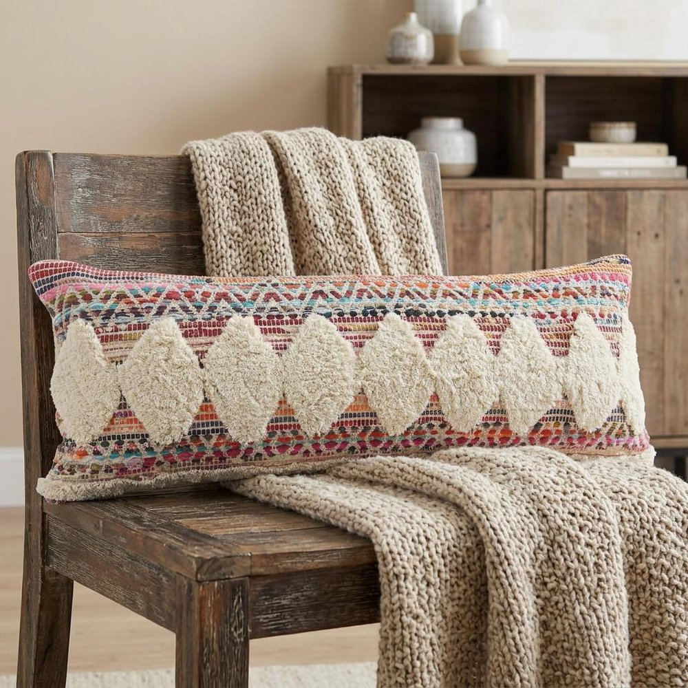14" X 36" Natural Blue And Red Geometric Cotton Throw Pillow with Tufts