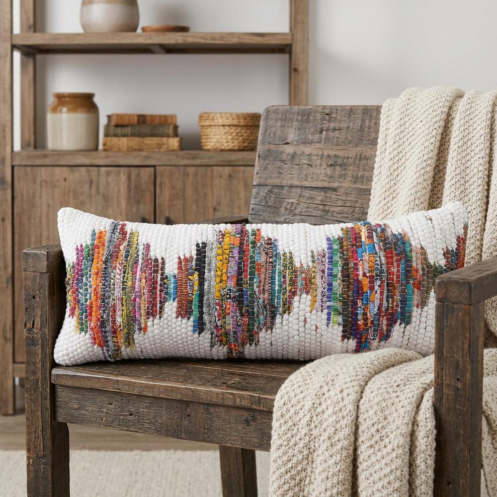 14" X 36" White Red Blue Orange And Green 100% Cotton Geometric Zippered Pillow