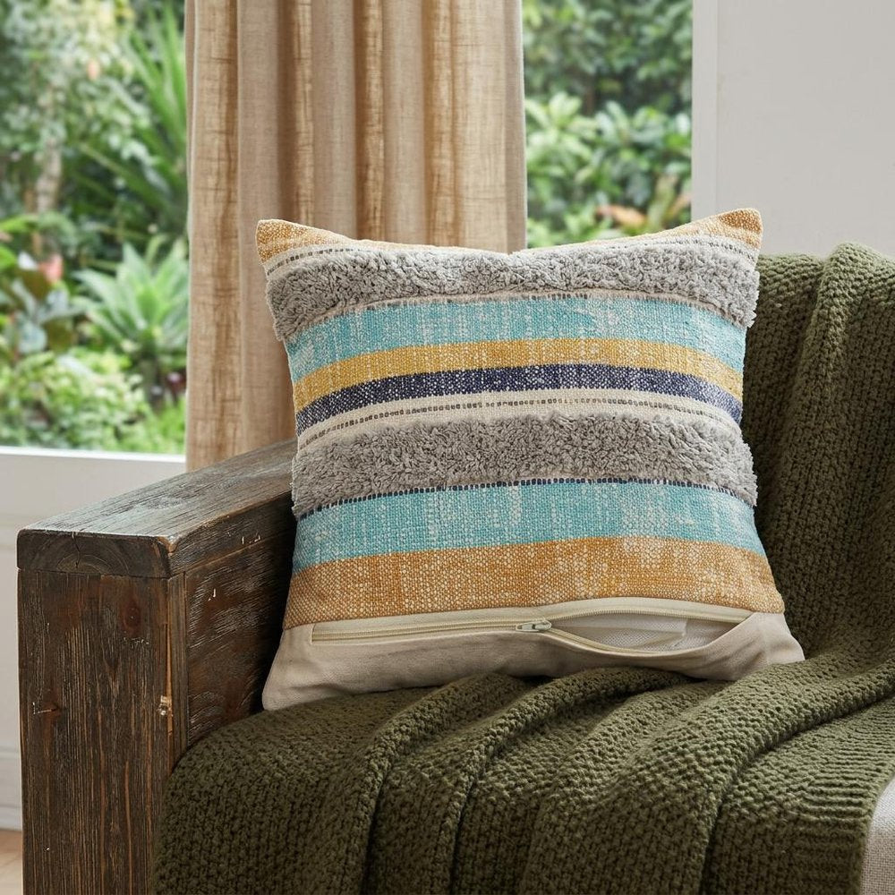 14" X 36" Off White Blue And Orange Cotton Striped Throw Pillow