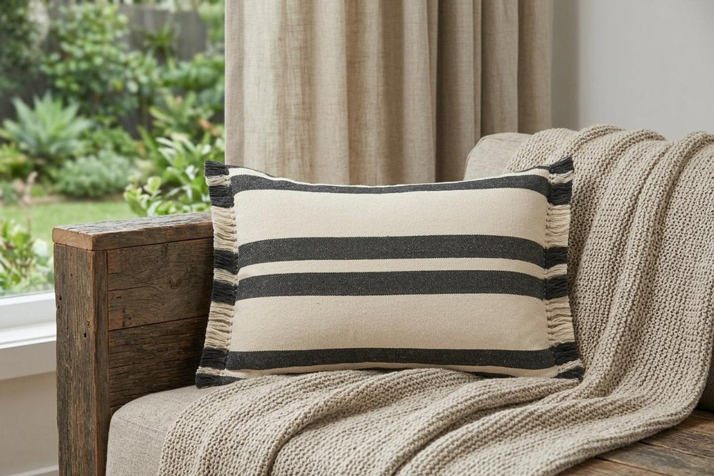 16" X 24" Gray And White 100% Cotton Striped Zippered Pillow