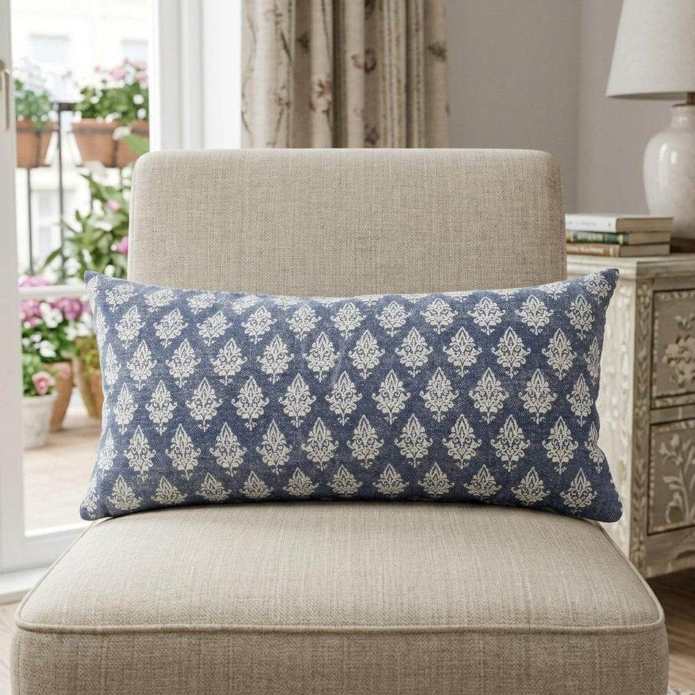 14" X 36" Vintage Indigo Blue And White 100% Cotton Geometric Zippered Pillow